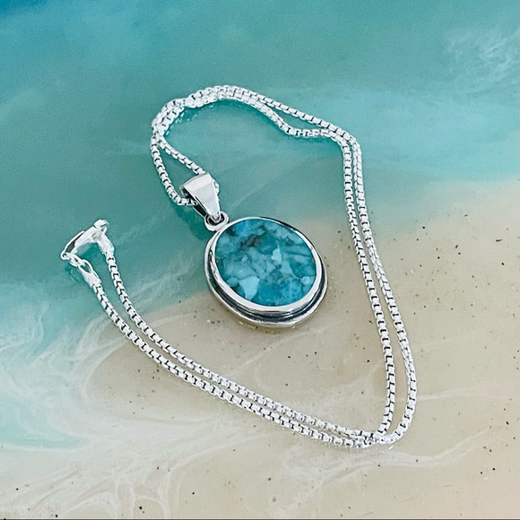 Sterling Silver Large Round Genuine Turquoise Necklace, Boho Necklace - Picture 13 of 13